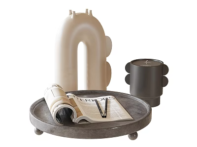 Modern Decorative Ornament Set With Tray Magazine Pen White Curved And Black Cylindrical Pieces 3d model