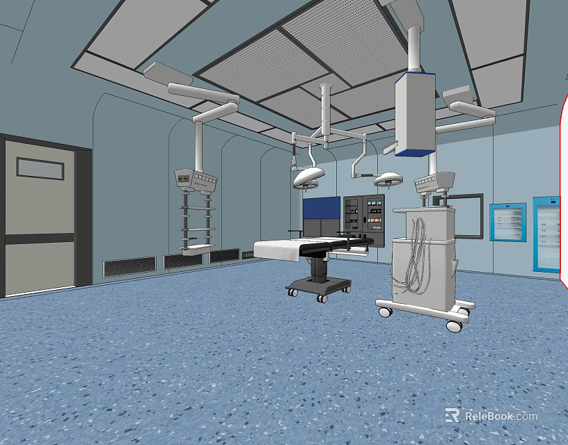 Modern Operating Room Interior With Surgical Table Lights Medical Equipment Blue Flooring And Wall Panels 3d model 