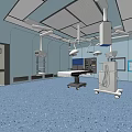 Modern Operating Room Interior With Surgical Table Lights Medical Equipment Blue Flooring And Wall Panels