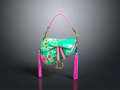 Vibrant Green Handbag With Decorative Floral Patterns Pink Handle And Tassels 3d model