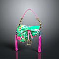 Vibrant Green Handbag With Decorative Floral Patterns Pink Handle And Tassels