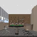 Modern Bright Minimalist Office Reception With Circular Ceiling Lights And Blue Gradient Accent Wall
