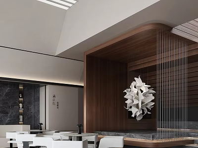 Modern Sales Office Interior Design With Wooden Panel Artistic Pendant Light And White Seats 3d model