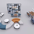 Modern Interior Space With Curved Sofas Round Tables Bookshelf Dining Table And Pendant Lights 3d model