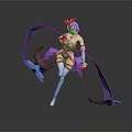 Game Movie Character 3D Model Dynamic Pose With Purple Hair Decorative Outfit And Flowing Ribbons