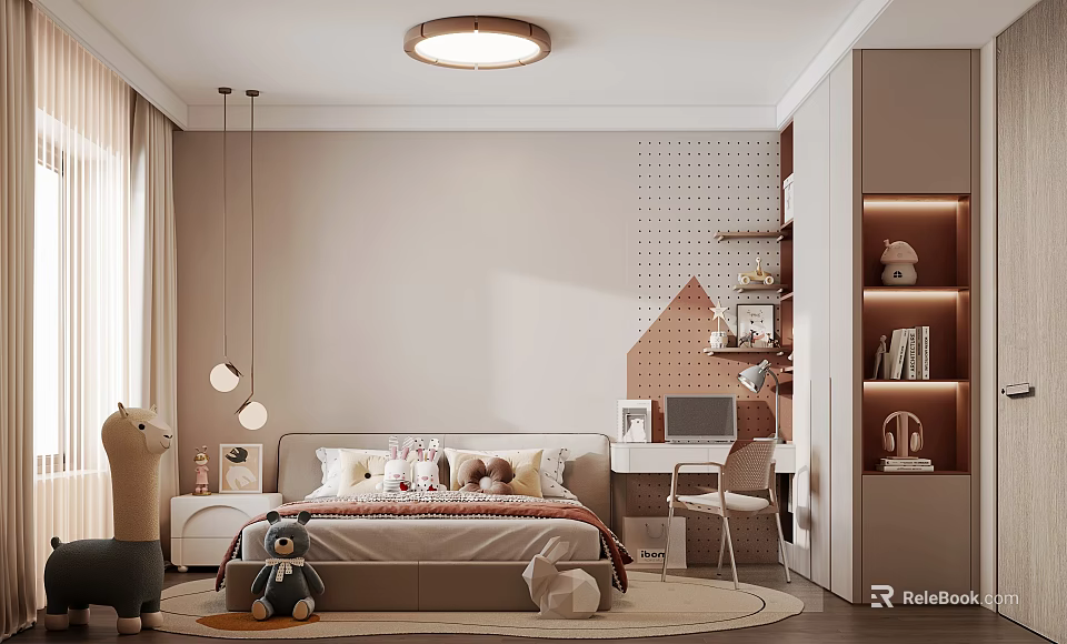 Cozy Kids Room Interior With Stuffed Toys On Bed Desk Chair And Bookshelf 3d model 