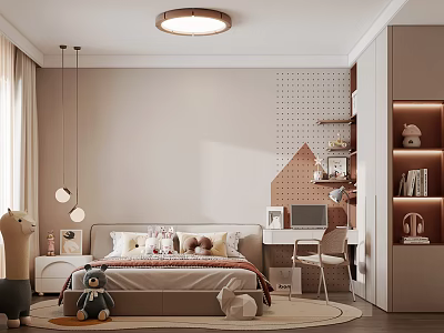 Cozy Kids Room Interior With Stuffed Toys On Bed Desk Chair And Bookshelf 3d model