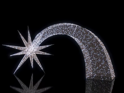 Sparkling Silver Art Installation Featuring Star Shape And Curved Arch With Reflection 3d model