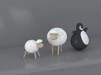 Cute White Toy Sheep And Black Penguin Figurines On Grey Platform 3d model