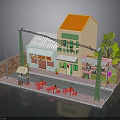 Miniature Street Scene Model With Two Story Building Orange Roof Single Story Awning Brick Wall Street Lamp Red Tables And Chairs