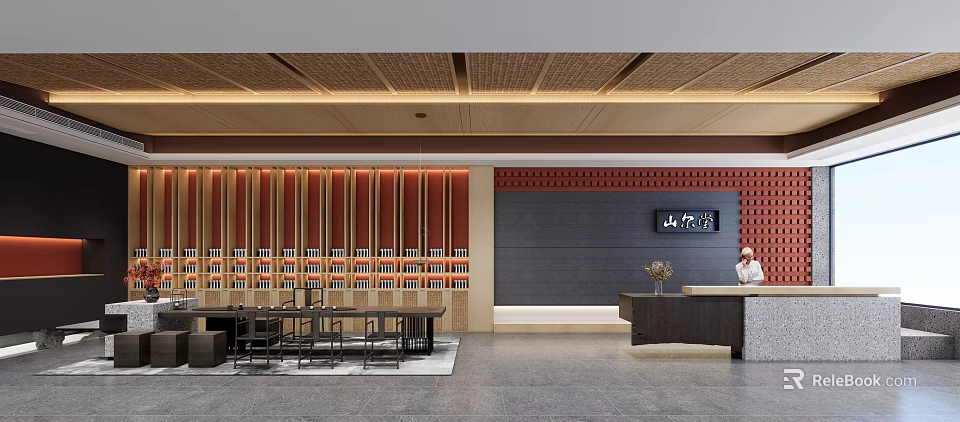 Modern Shop Front Desk with Wooden Ceiling Red Grille Wall Black Backdrop and Reception Area 3d model 