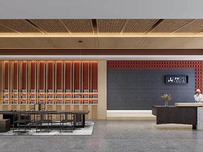 Modern Shop Front Desk with Wooden Ceiling Red Grille Wall Black Backdrop and Reception Area 3d model