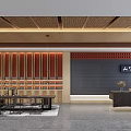 Modern Shop Front Desk with Wooden Ceiling Red Grille Wall Black Backdrop and Reception Area