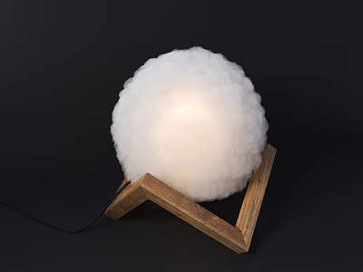 Modern Decorative Lamp With Fluffy White Sphere And Wooden Triangular Stand 3d model
