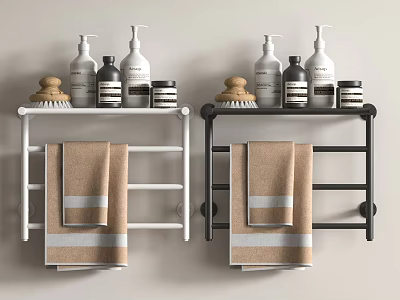 Bathroom Towels On White And Black Towel Racks With Accessories 3d model