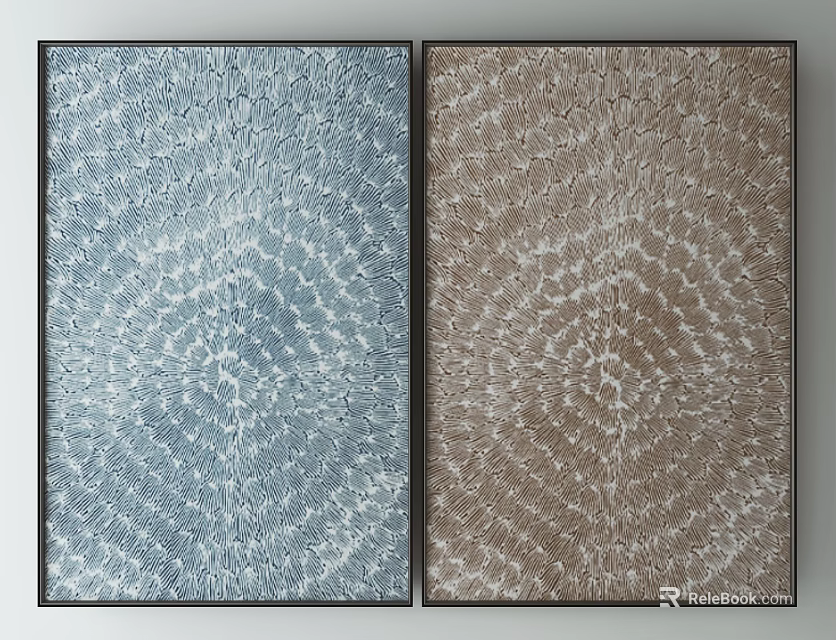 Two Abstract Wall Art Pieces With Blue And Brown Textured Patterns In Black Frames 3d model