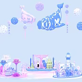 Colorful Cartoon Style Fantasy Island Scene With Various Structures And Figures