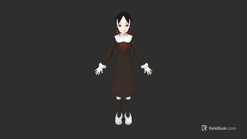3D Anime Game and Movie Character with Dark Hair Red Eyes Brown Dress White Gloves 3d model 