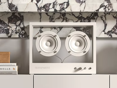 Transparent Audio Speaker System With Dual Speakers On White Cabinet And Marble Wall Background 3d model