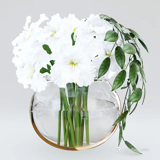 Clear Glass Vase With White Flowers And Green Leaves For Home Decor 3d model 