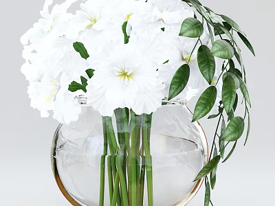 Clear Glass Vase With White Flowers And Green Leaves For Home Decor 3d model