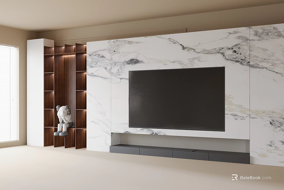 Modern TV Wall Design With Marble Panel Large Screen TV Wooden Shelves And Ambient Lighting 3d model 
