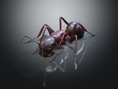 Detailed Dark And Red Ant Standing On Shiny Surface With Reflection 3d model