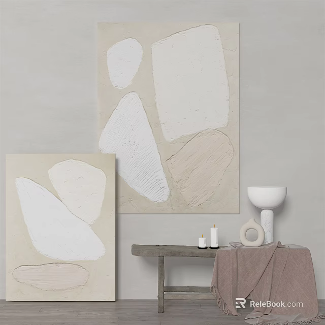 Abstract Paintings With Neutral Tones And Decorative Objects On Minimalist Table 3d model