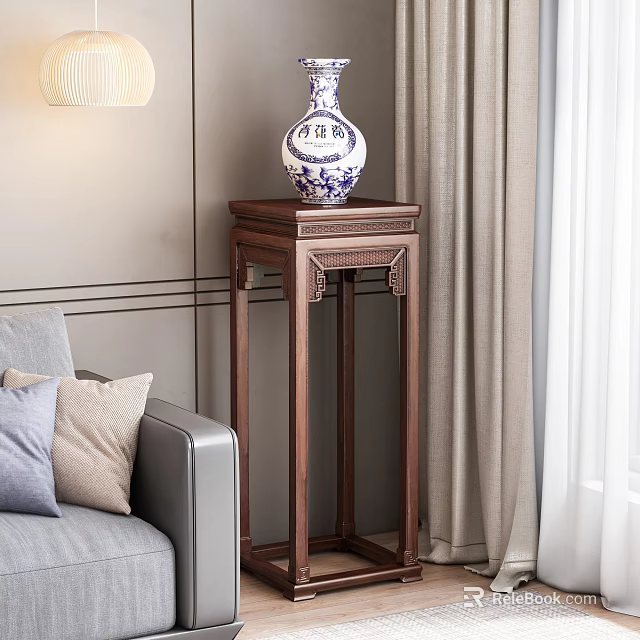 Traditional Wooden Flower Pedestal With Carved Design And Blue And White Porcelain Vase 3d model 