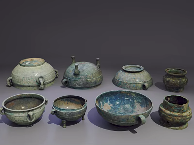 Ancient Traditional Bronze Sculptures with Intricate Carvings and Decorative Vessels 3d model