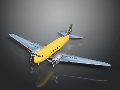 Vintage Yellow Airplane with Propellers Silver Wings Detailed Fuselage and Reflection on Black Background 3d model