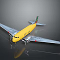 Vintage Yellow Airplane with Propellers Silver Wings Detailed Fuselage and Reflection on Black Background