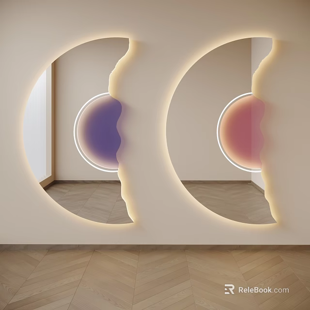 Circular Illuminated Mirrors With Curved Edges Purple Pink Gradients Light Wall Wooden Floor 3d model 