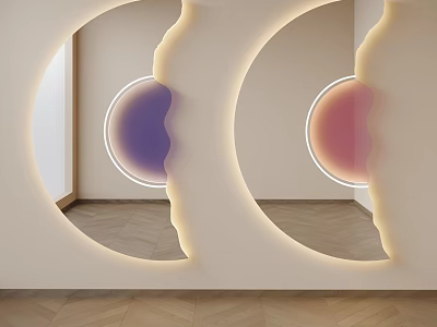 Circular Illuminated Mirrors With Curved Edges Purple Pink Gradients Light Wall Wooden Floor 3d model