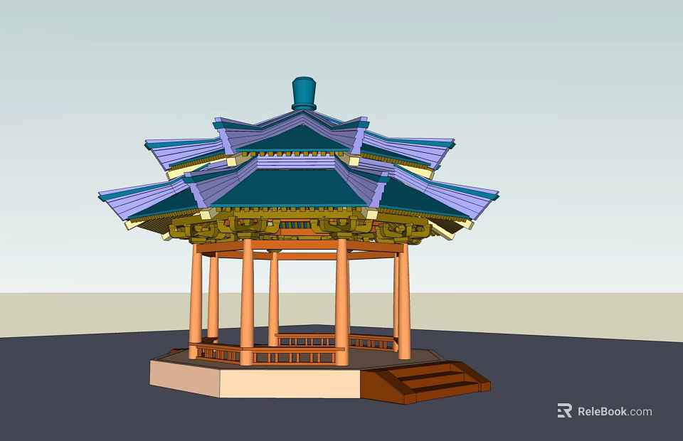 Traditional Chinese Pavilion With Multi Tiered Roof Blue Purple Tiles Wooden Pillars And Steps 3d model 
