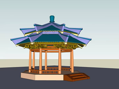 Traditional Chinese Pavilion With Multi Tiered Roof Blue Purple Tiles Wooden Pillars And Steps 3d model
