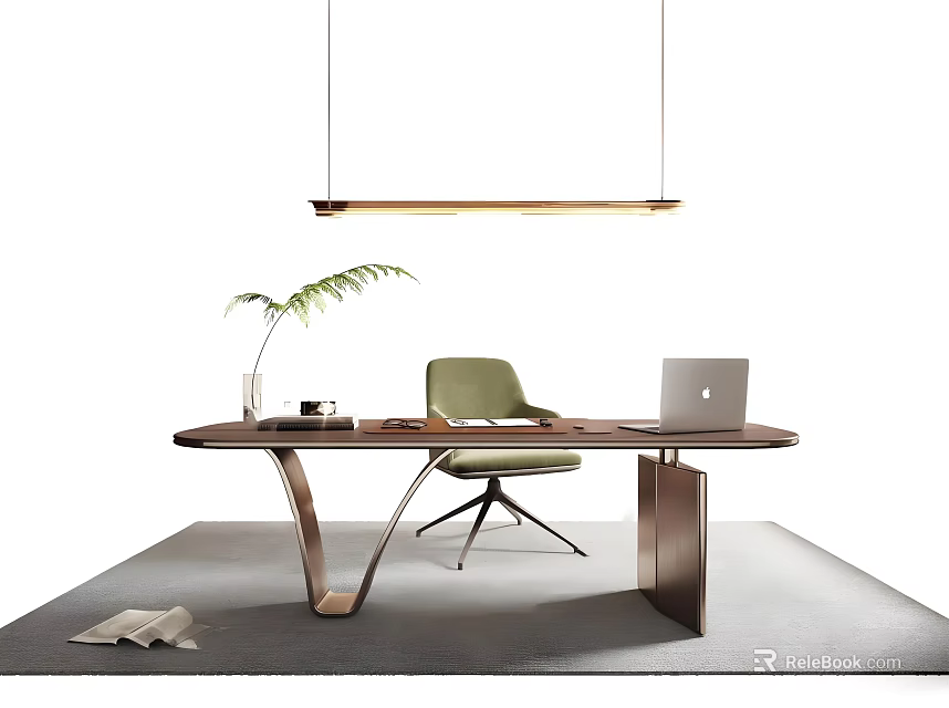Stylish Modern Office Desk With Laptop Green Chair Hanging Light And Potted Plant 3d model 