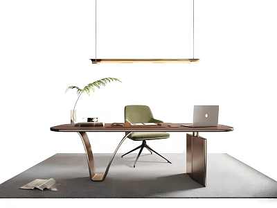 Stylish Modern Office Desk With Laptop Green Chair Hanging Light And Potted Plant 3d model
