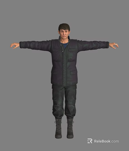Man In Dark Puffer Jacket Blue Inner Shirt Cargo Pants Boots Arms Outstretched Gray Background 3d model 