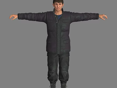 Man In Dark Puffer Jacket Blue Inner Shirt Cargo Pants Boots Arms Outstretched Gray Background 3d model