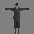 Man In Dark Puffer Jacket Blue Inner Shirt Cargo Pants Boots Arms Outstretched Gray Background