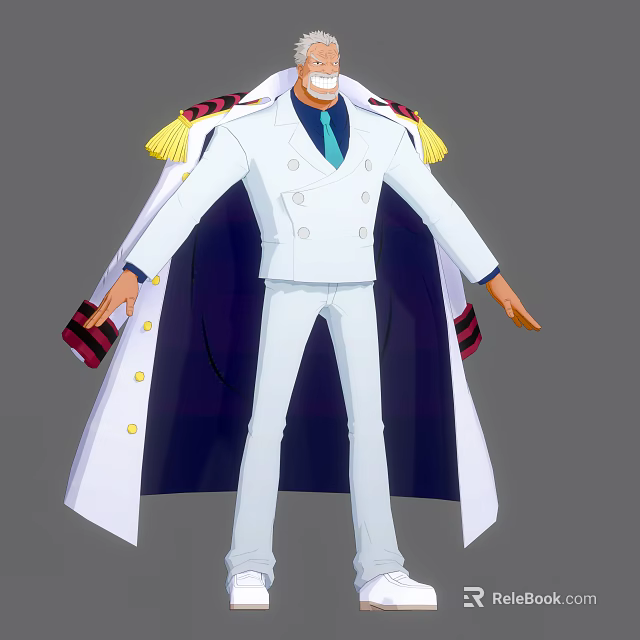 Bearded Military Character Wearing White Uniform With Blue Tie Yellow Epaulettes And Striped Cloak 3d model 