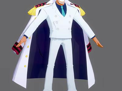 Bearded Military Character Wearing White Uniform With Blue Tie Yellow Epaulettes And Striped Cloak 3d model