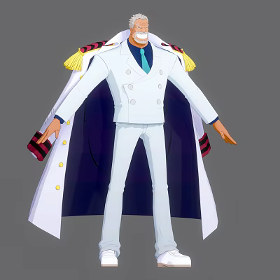 Bearded Military Character Wearing White Uniform With Blue Tie Yellow Epaulettes And Striped Cloak 3d model
