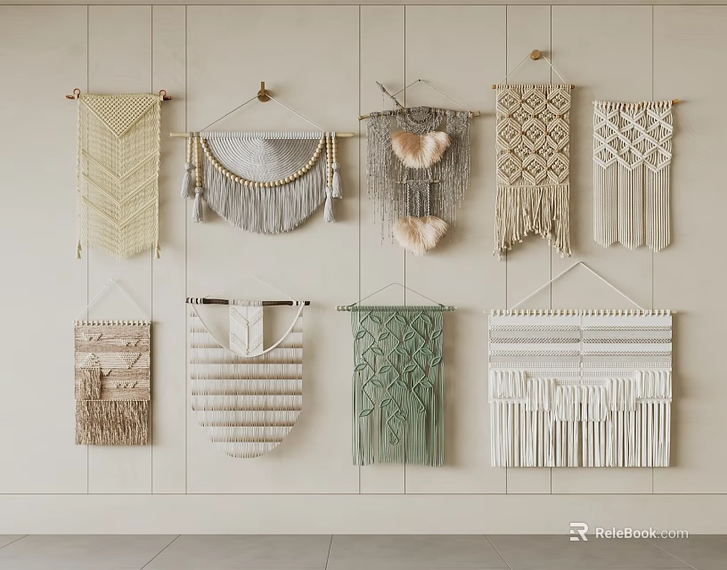 Macrame Wall Hangings In Various Styles For Home Decor With Different Colors And Patterns 3d model