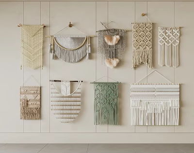 Macrame Wall Hangings In Various Styles For Home Decor With Different Colors And Patterns 3d model