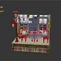 Miniature Café Scene On Trunk Base With Striped Awning Table Chairs Street Lamp And Plants