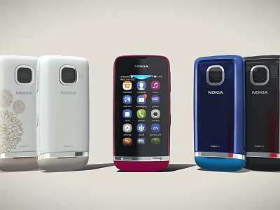 Nokia Mobile Phones in Various Colors with App Icons on Screen 3d model