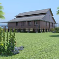 Wooden House Exterior With Covered Porch Railings Stairs Palm Trees Green Lawn And Flowering Shrubs
