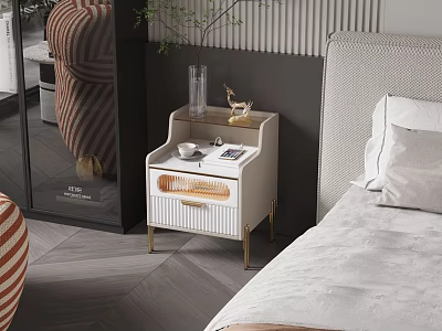 Modern Bedside Table With White Surface Gold Legs And Decor Items In Bedroom 3d model